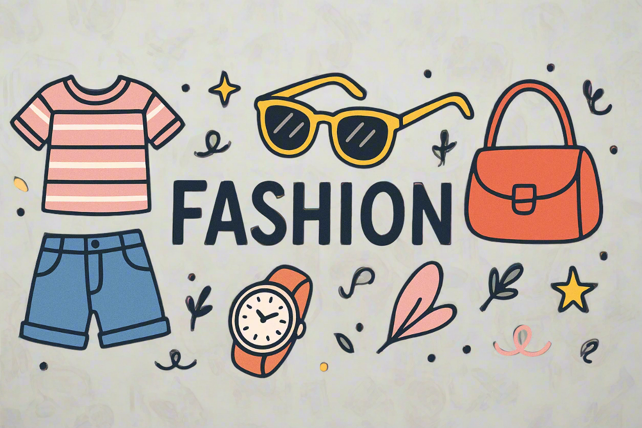 Fashion-themed illustration with a t-shirt, shorts, sunglasses, handbag, and watch on a beige background.