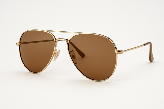 gold frame, brown lenses sunglasses aviator style (rayban influenced but do not show brand at all)
