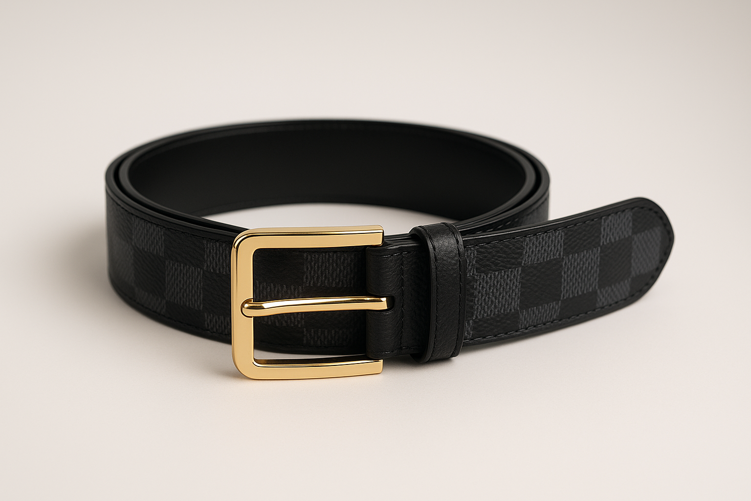 louis vuitton belt, black checkered with gold buckle. don't show any logo or reference to the brand at all!